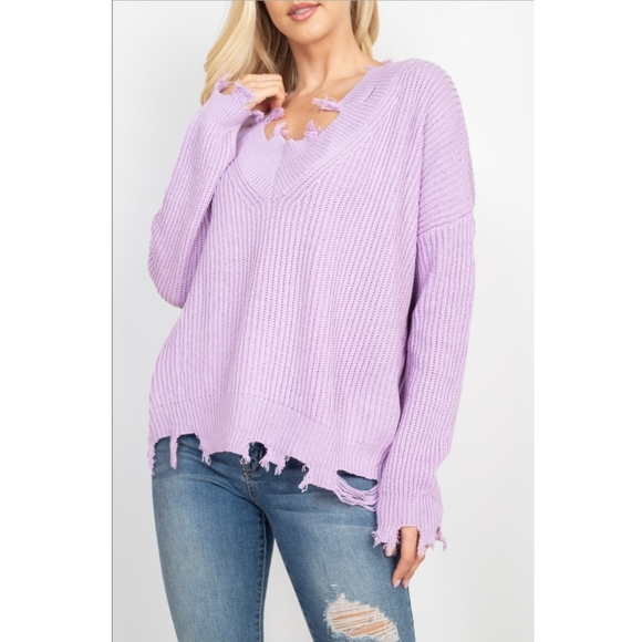 5⭐ Lavender v-neck raw distressed hem thick ribbed knit pullover sweater - Picture 2 of 9